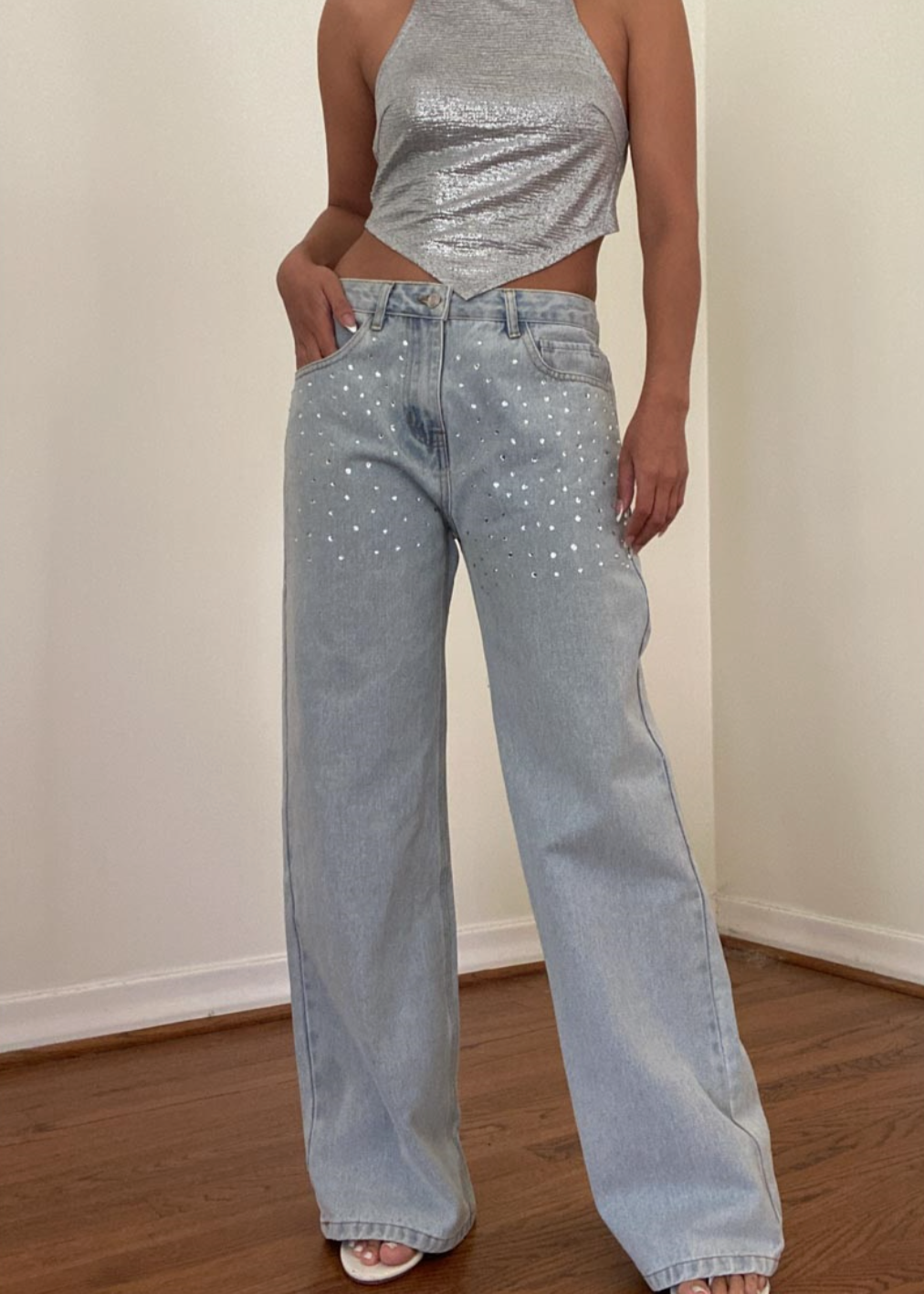 Rhinestone Studded Wide Leg Jeans