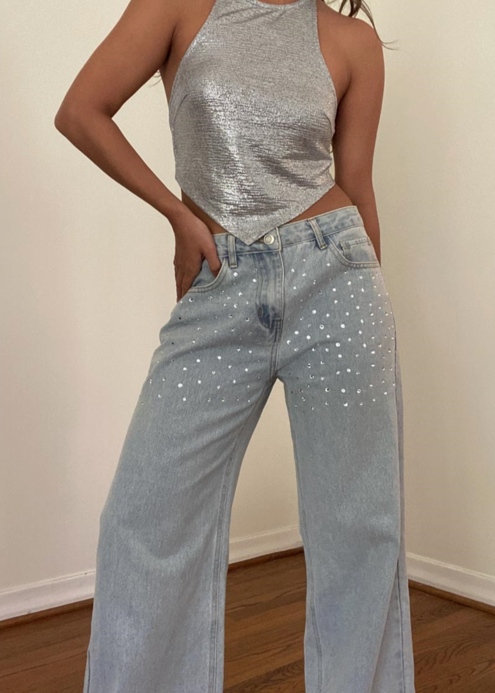 Rhinestone Studded Wide Leg Jeans