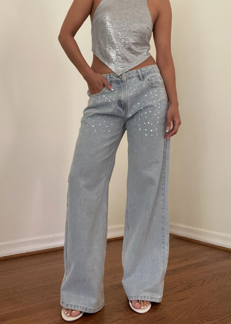 Rhinestone Studded Wide Leg Jeans