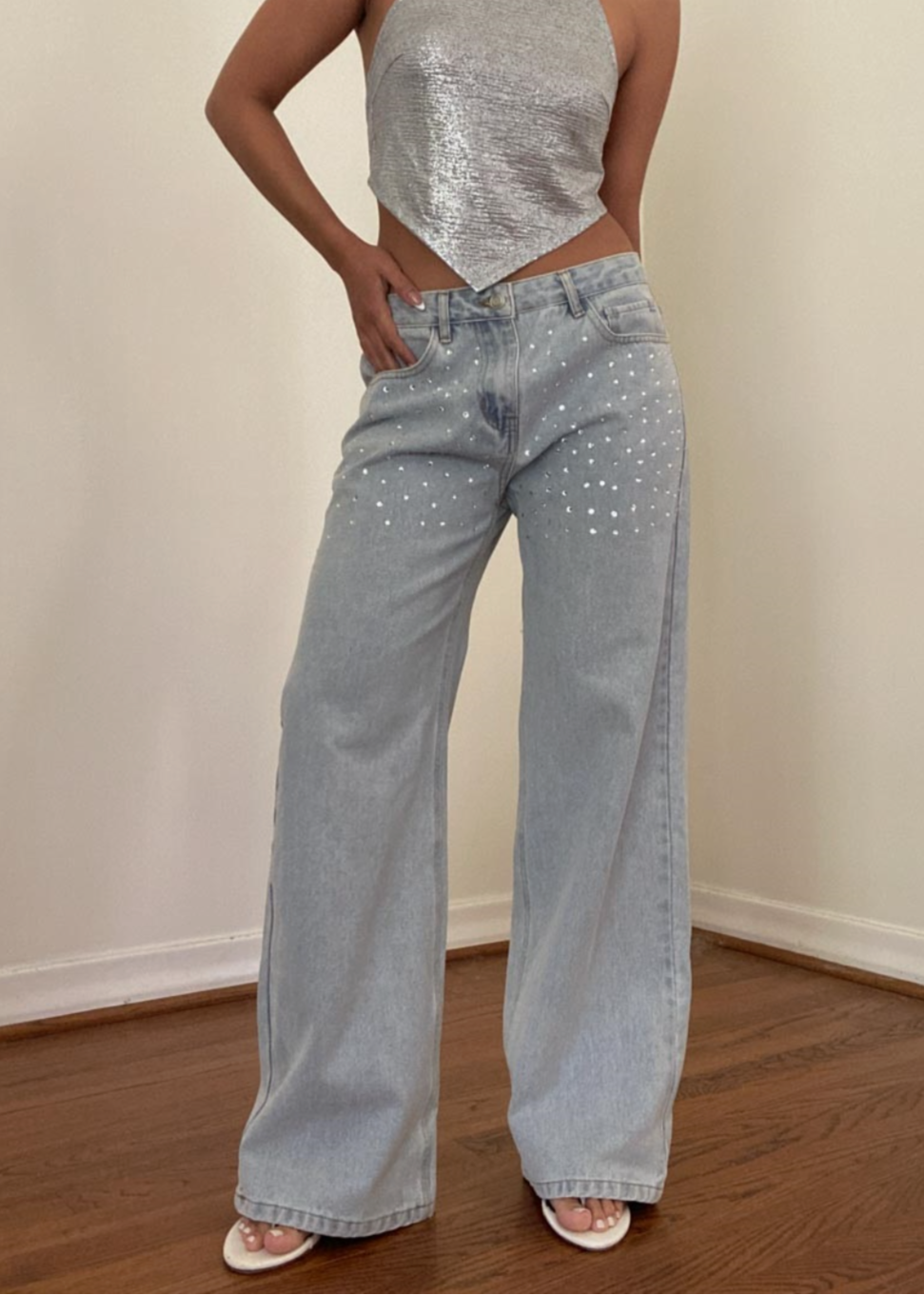 Rhinestone Studded Wide Leg Jeans