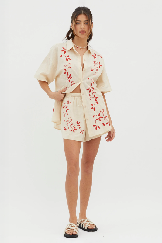 Red Embroidered Capri Set