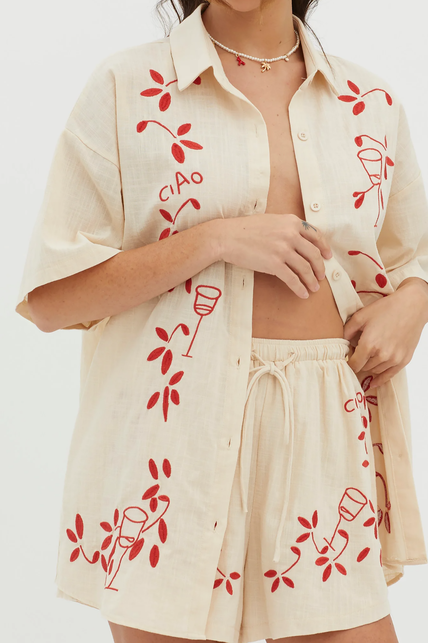 Red Embroidered Capri Set