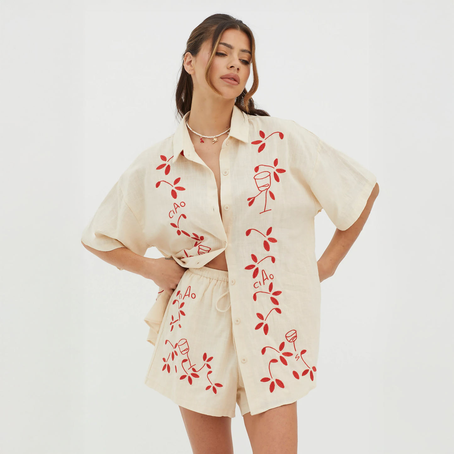 Red Embroidered Capri Set