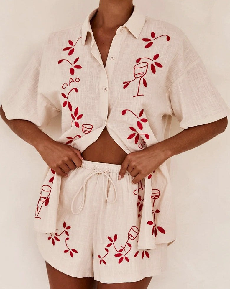 Red Embroidered Capri Set