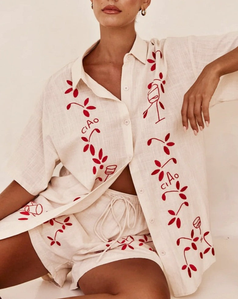Red Embroidered Capri Set