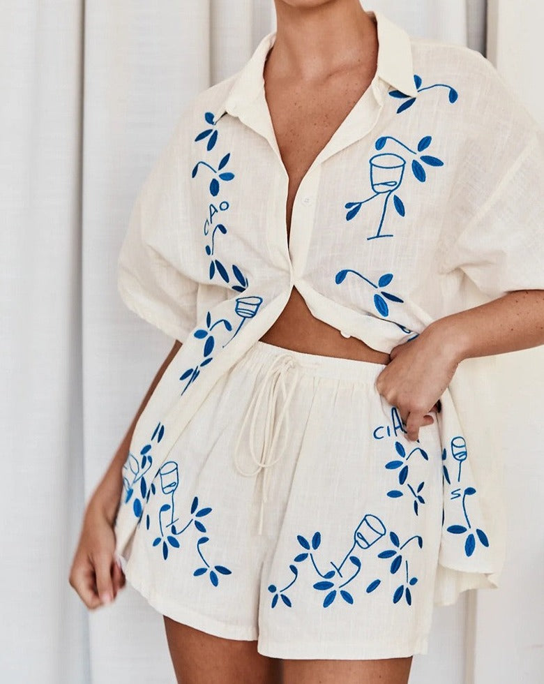 Blue Embroidered Capri Set