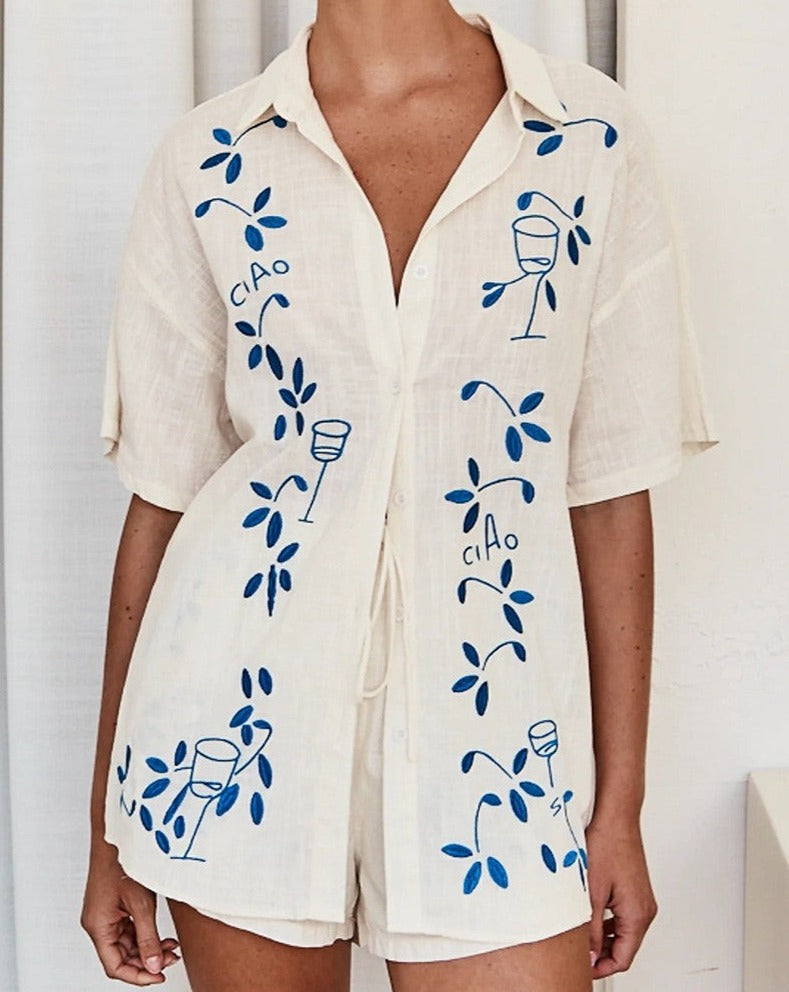 Blue Embroidered Capri Set