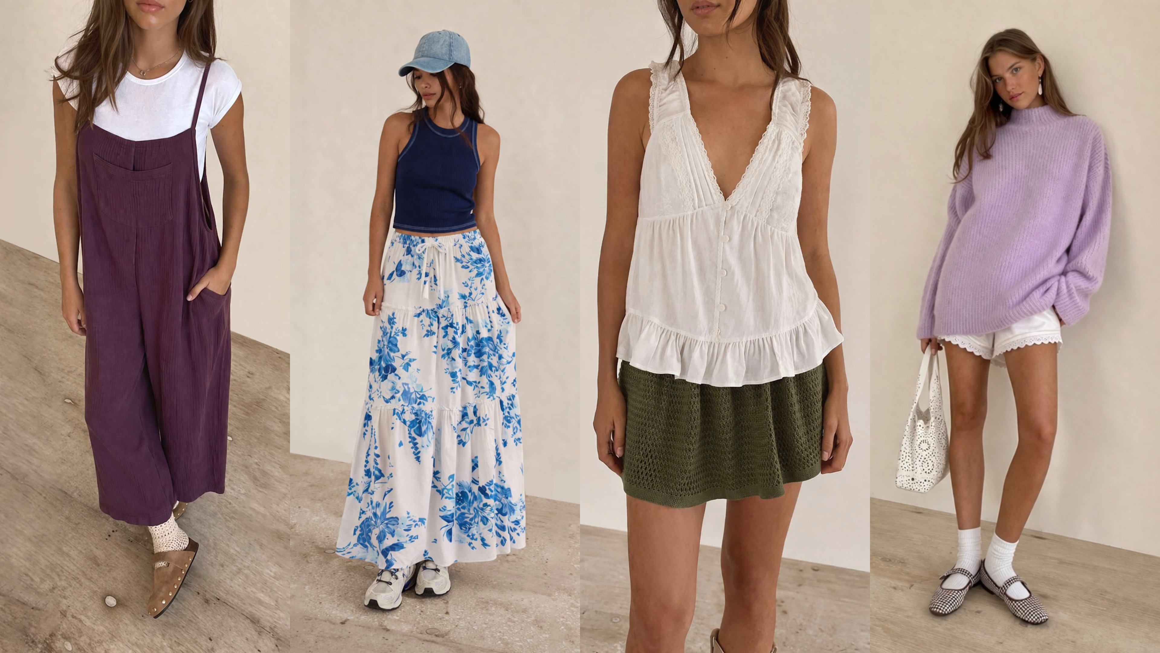 Four women modeling different outfits in a minimal indoor setting.