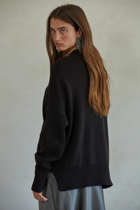 back view mock neck black oversized sweater