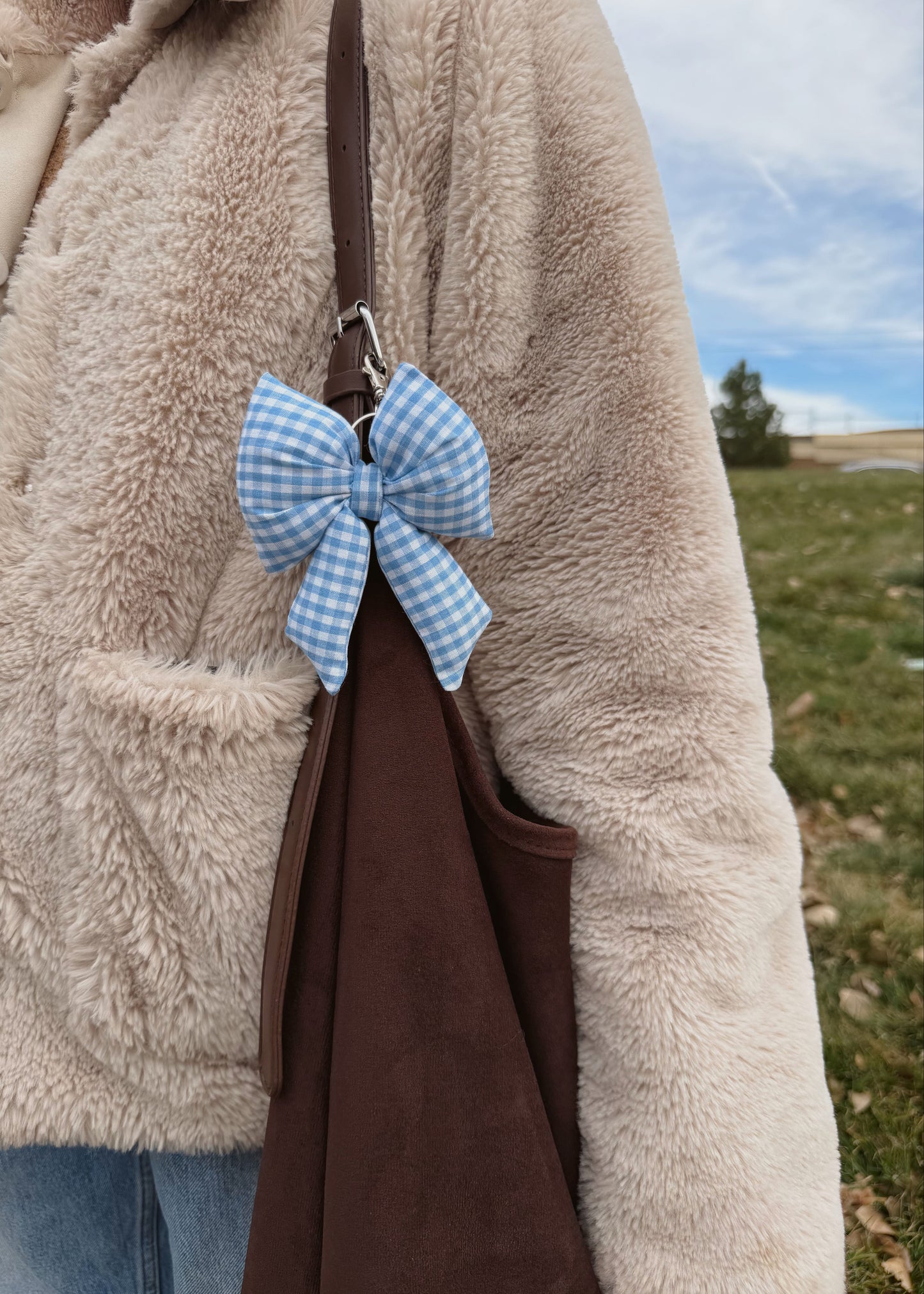 Person wearing a beige coat with a blue checkered bow on a grassy field