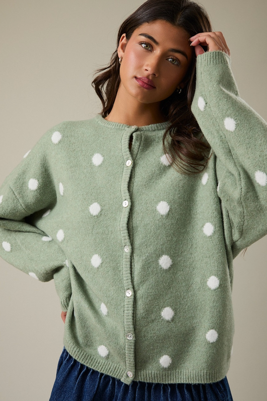 Matcha Polka Dot Cardigan – PREORDER (Ships Early May)